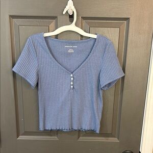 American Eagle Outfitters Light Blue Ribbed Short Sleeve Top